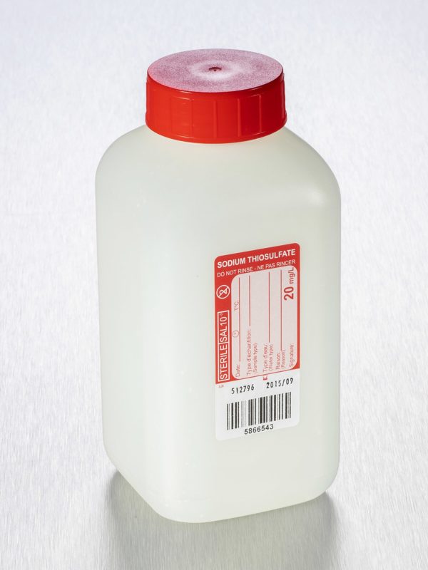 Corning® Gosselin™ Water Sampling Square HDPE Bottle, 500 mL, Graduated, 20 mg/L Sodium Thiosulfate, 37 mm Red Cap with Wad, Sterile, 100/Case